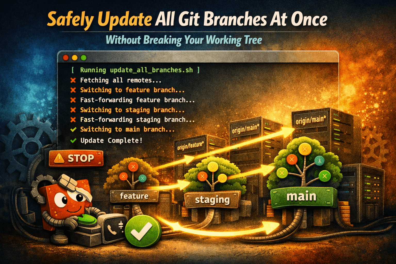 Diagram showing the difference between git fetch all and sequential git pulls