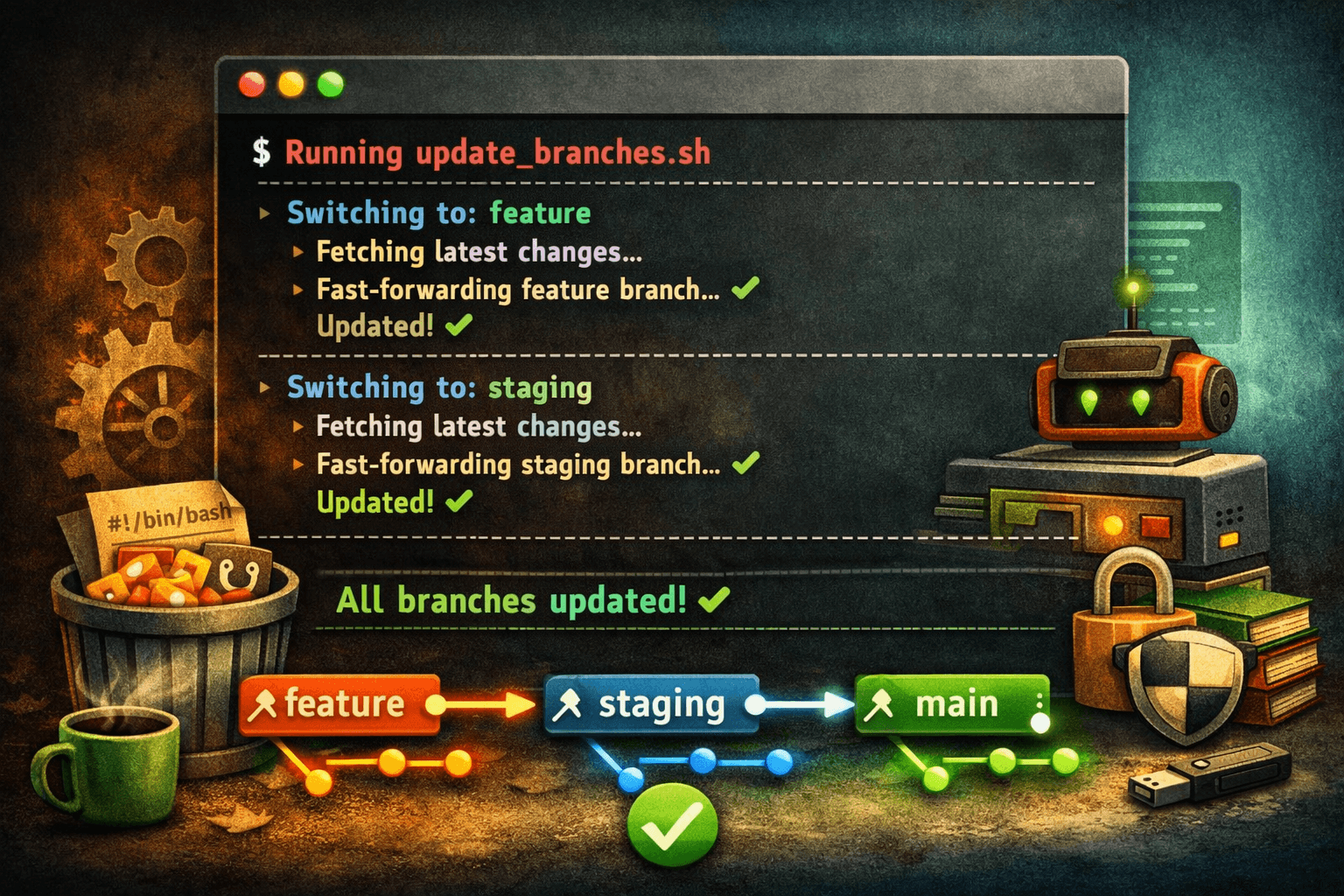 Clean terminal output showing automated branch transitions and fast-forward actions