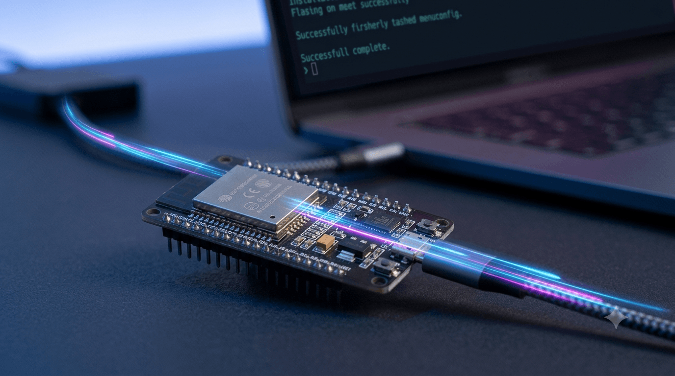 Terminal compilation screen running esptool to flash binaries cleanly onto an ESP32 chip