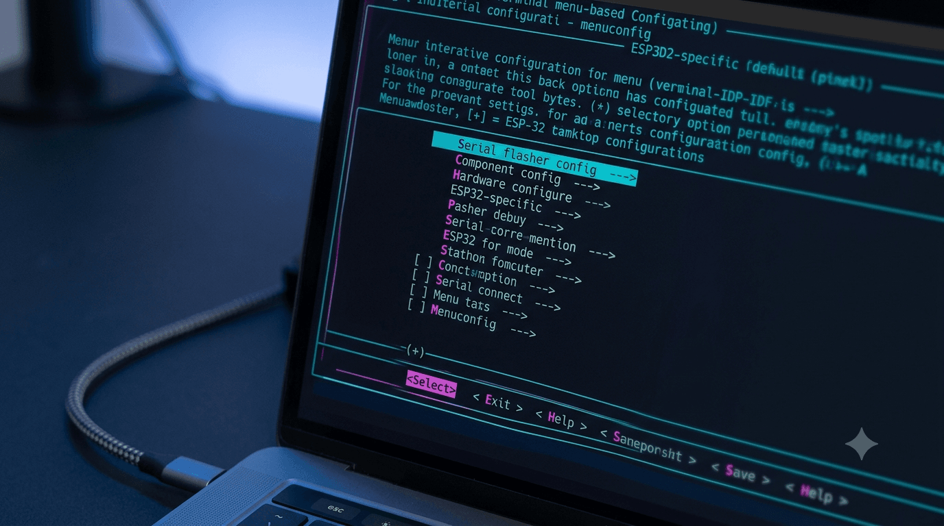 The text-based esp-idf menuconfig tool layout inside a Linux terminal shell