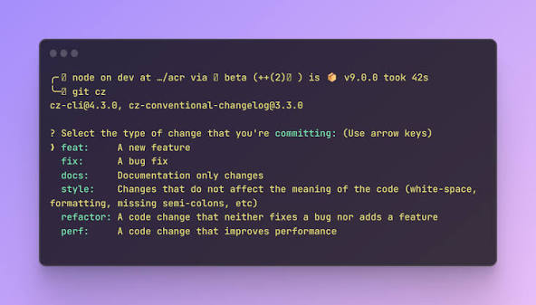Interactive CLI menu prompting the developer for features, fixes, or breaking changes