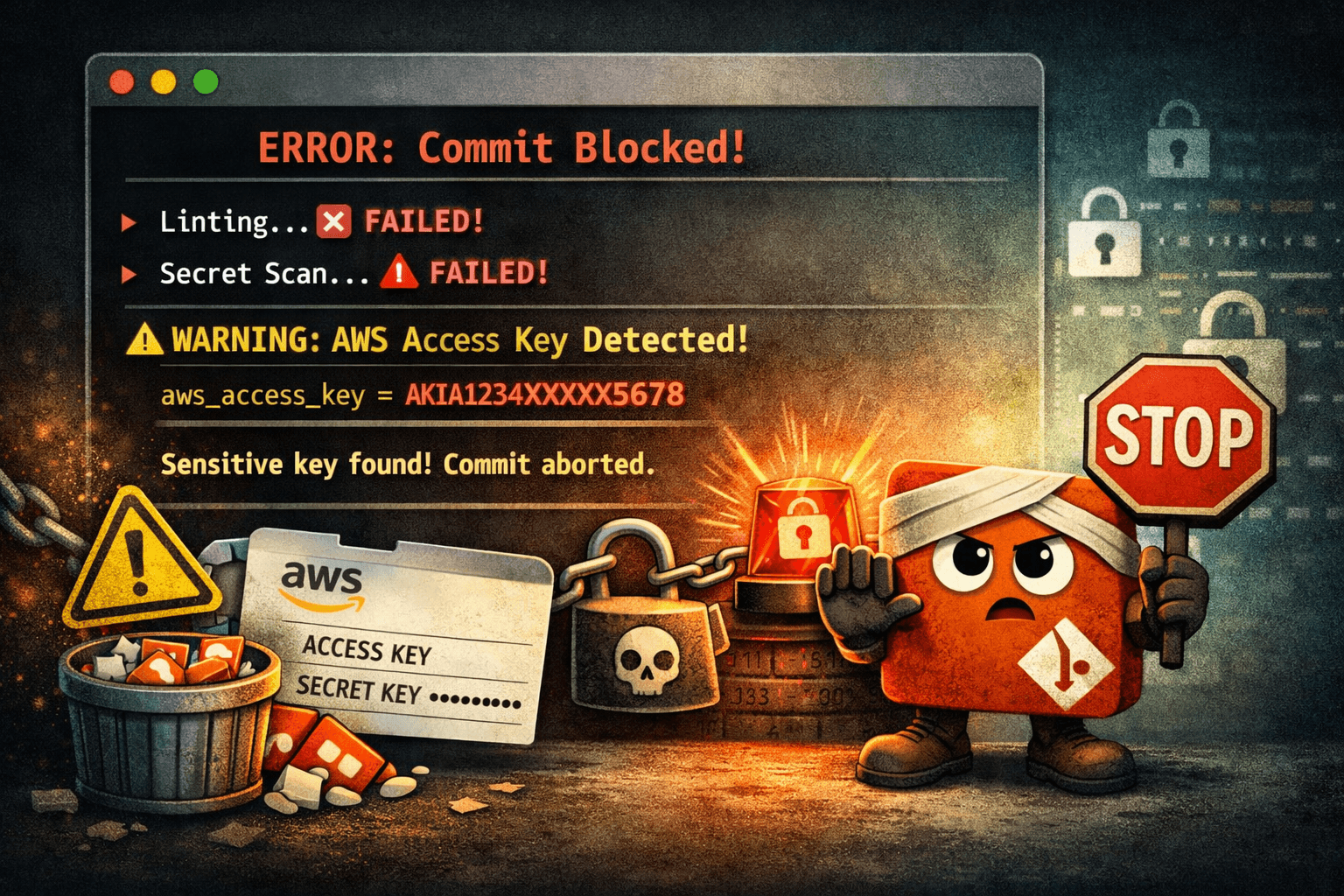 Console log showing an automated commit block due to an exposed AWS access token